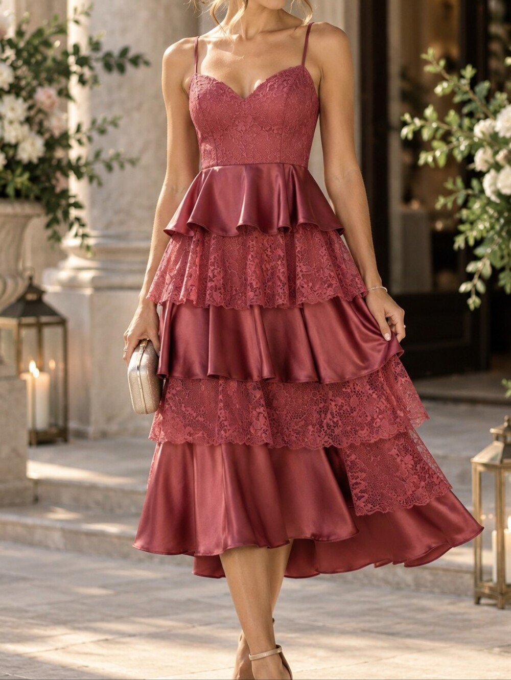 Lulus Deanna Rusty Rose Lace Satin Tiered Midi Dress L Romantic Coquette NWT